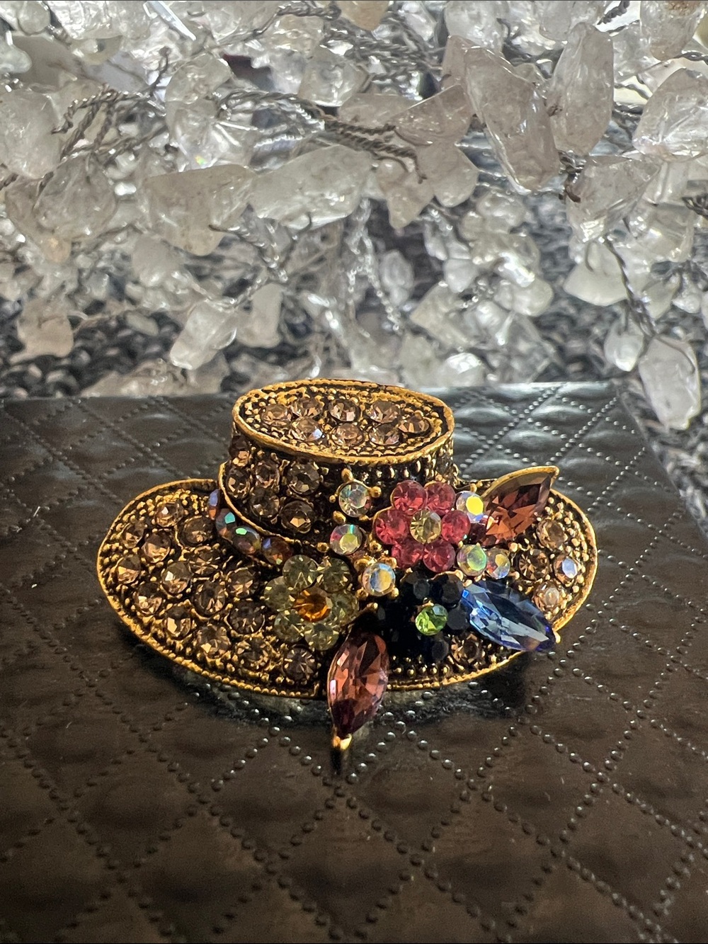 Crystal-Embellished Gold-Tone Hat Brooch with Multicolor Stones
